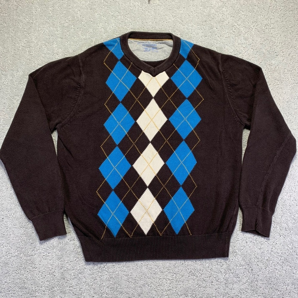 American Eagle Outfitters Sweater‎ Mens Large Brown Argyle V Neck Long Sleeve